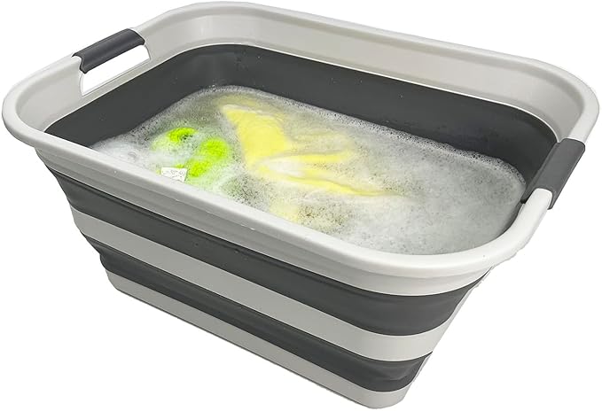 SAMMART Collapsible Plastic Laundry Basket - Foldable Pop Up Storage Container/Organizer - Portable Washing Tub - Space Saving Hamper/Basket (Grey/Steel Grey, 42L)