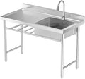 Freestanding Commercial Utility Sink, 47.2 * 23.6 * 31.5in Industrial Kitchen Sink Unit with Faucet, 2-Tier Storage Shelf, Outdoor Freestanding Single Bowl Sink for Garage, Restaurant