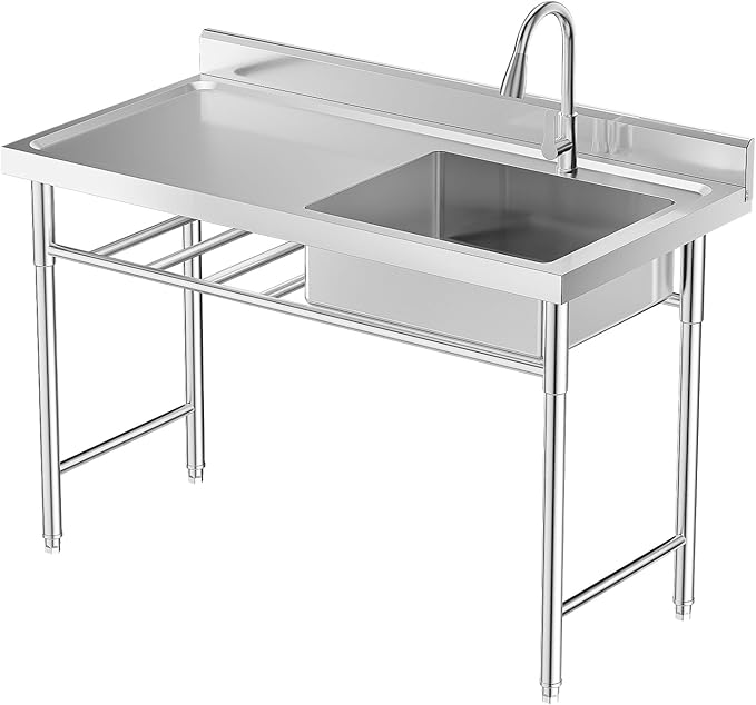 Freestanding Commercial Utility Sink, 47.2 * 23.6 * 31.5in Industrial Kitchen Sink Unit with Faucet, 2-Tier Storage Shelf, Outdoor Freestanding Single Bowl Sink for Garage, Restaurant
