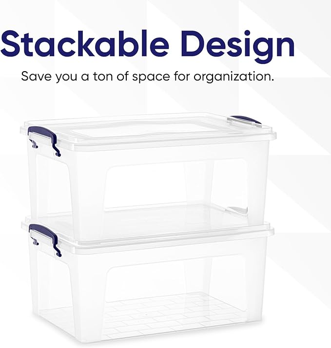 Superio Clear Storage Bins with Lids, 28.5 Quart BPA Free Plastic Containers, Transparent Boxes for Organizing, Stackable Crates, Organizer Totes for Home, Office, School, and Dorm