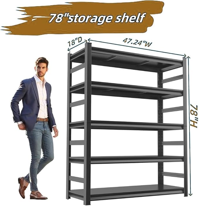 Garage Storage Shelves,5 Tier Shelving Unit, 40 inch Wide, 18” Deep, 78” Tall Organizer Metal Shelf for Basement/Laundry/Pantry Heavy Duty, Adjustable,Easy to Install (5Tier-47"Wx18"Dx78"H with Fence)