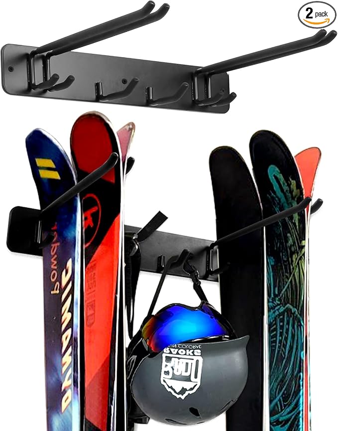 Wall Mount Ski Storage Rack,Garage Snowboard Storage Organizer 4 Pairs Metal Hooks Indoor Outdoor System Organization (Black 1pack)