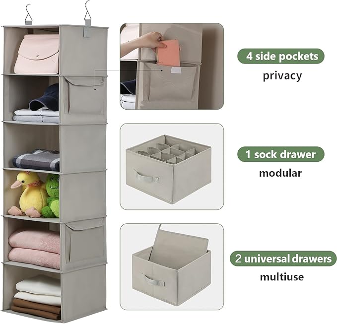 6-Shelf Hanging Closet Organizer with 3 Drawers, 6-Shelf Inseparable Closet Organizers and Storage for Wardrobe Organization, Hanging Dresser for Nursury & Dorm Clothes Organizer, Silver Gray