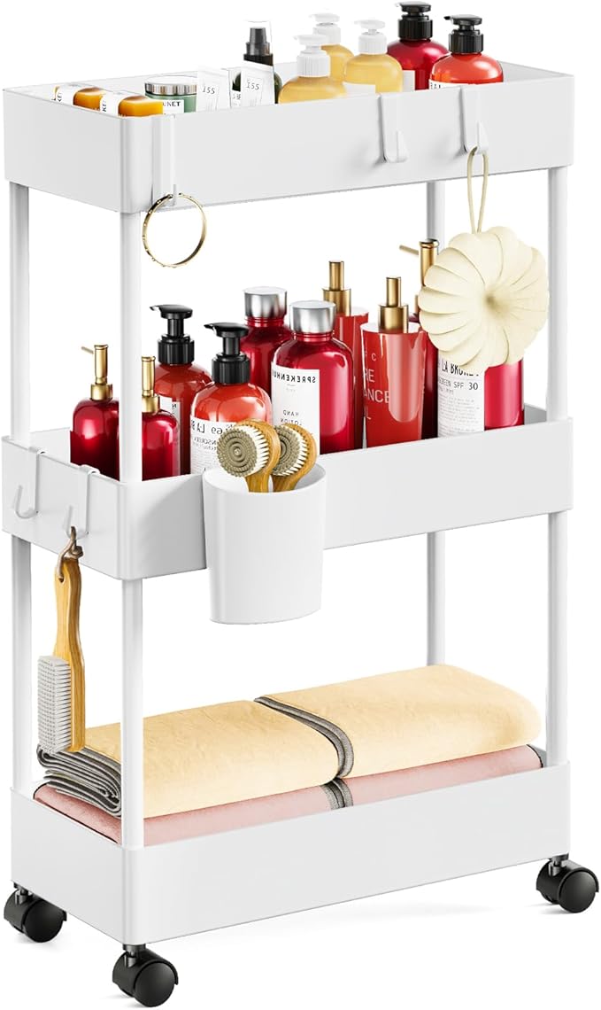 Pipishell Slim Storage Cart with Wheels, Bathroom Cart Organizer Storage Small, Rolling Carts for Bathroom, Laundry Room, Kitchen, Narrow Space, White PIUC04W