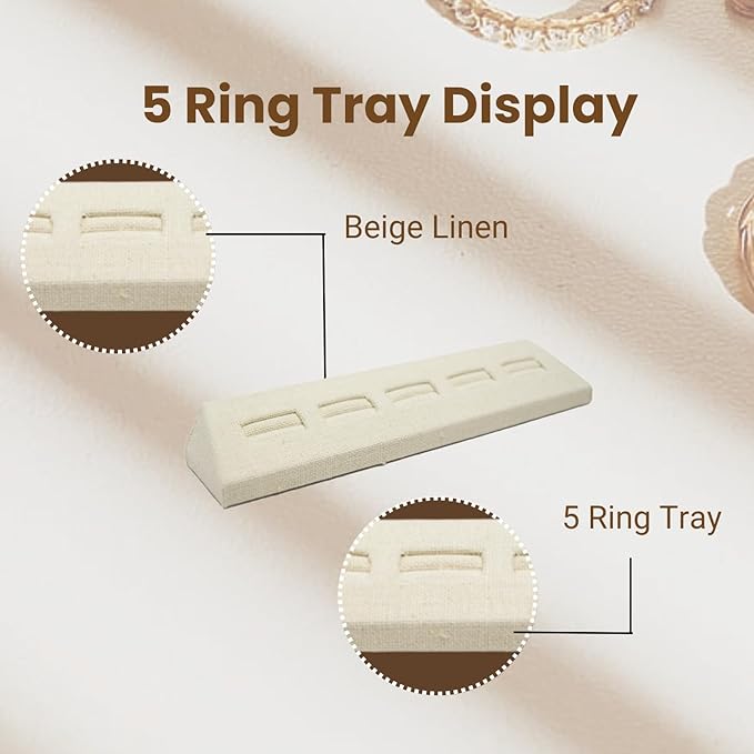 Novel Box 5-Slot Beige Linen Rings/Earrings/Cufflinks Holder Tray 8.12x1.75x1 Inches - Ring Holder Organizer for Selling or Personal Use - Jewelry Display Trays for Special Occasions