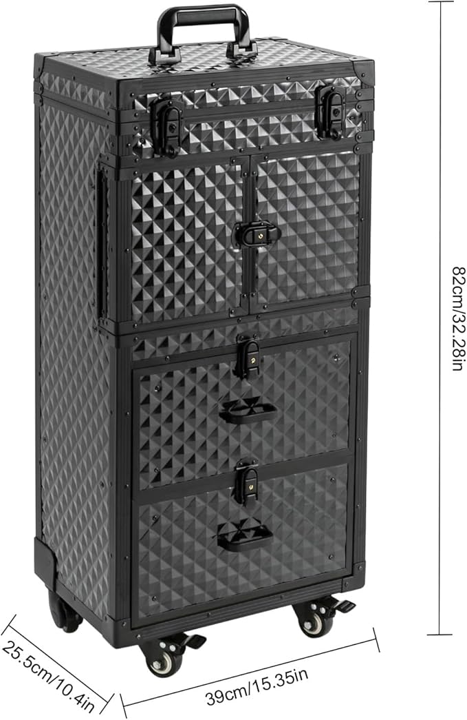 Rolling Makeup Case, Beauty Salon Cosmetic Luggage Travel Organizer with Combination Locks, with 4 Storage Compartments and Wheels for Barber, Travel Makeup Hair Styling