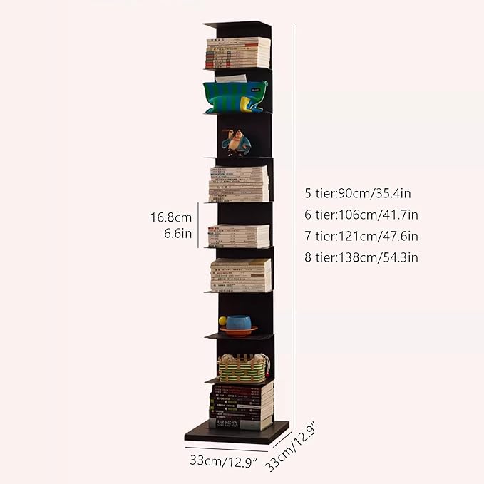 Invisible Vertical Spine Bookshelf Tower,Tall Narrow Metal Bookshelf for Small Space,Corner Floor Standing Book Organizers for Living Room, Office, Entryway(8 Tier, Black)