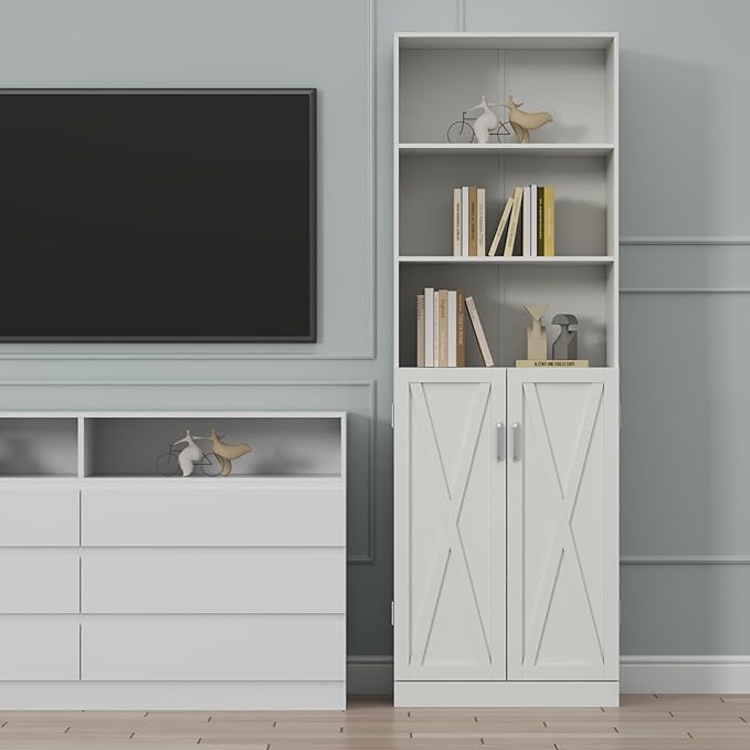 Loomie Industrial Bookshelf with Door, 6 Tier Farmhouse Book Shelf with Adjustable Shelves,70" Tall Display Etagere Bookcase,Floor Standing Unit Book Case Furniture for Home Office,Living Room (White)