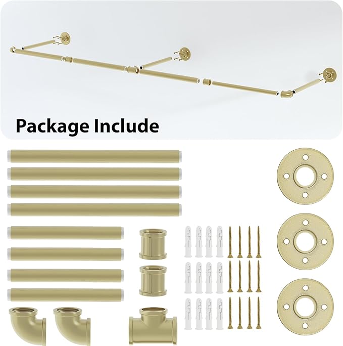 Wall Mounted Clothes Rack, 72" Industrial Pipe Clothing Rack, Heavy Duty Gold Garment Rack Bar, Multi-Function Hanging Clothes Rod for Laundry Room,Bedroom,Dressing Room,Closet Storage