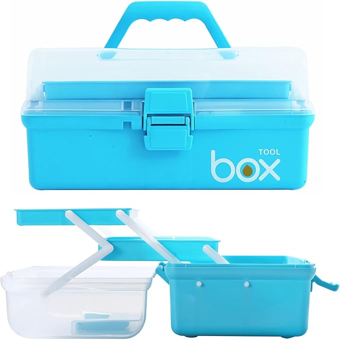 2PCS 12'' Three-Layer Clear Art Box Organizer, Multipurpose Plastic Craft Box with Handle (Blue)