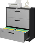 3 Drawer File Cabinet, Lateral Filing Cabinets for Home Office, Office Storage Drawers with Lock, Hanging Files Legal/Letter A4 Size (Assemble Required,Black Grey)