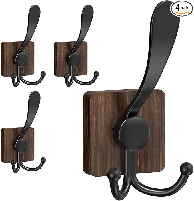 VIS'V Wooden 3 Prong Coat Hooks, Wall Mount, Heavy Duty, Brown, 4 Pcs
