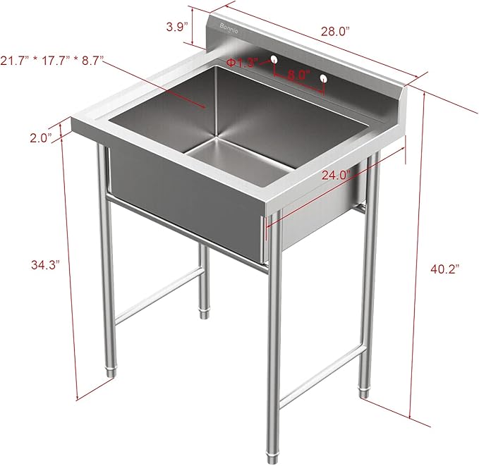 VINGLI Upgraded 28" Free Standing 304 Stainless Steel Utility Sinks for Laundry Room with Backsplash, Industrial Garage Sink Commercial Sink for Restaurant, Workshop – 28" W x 24" D x 40.2" H