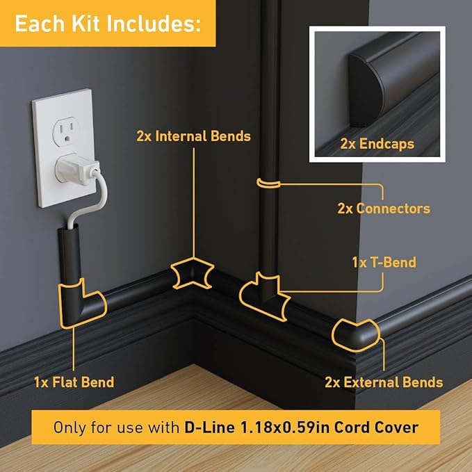 D-Line Medium Cable Raceway Accessory Pack, Join 1.18in x 0.59in Cord Cover Lengths, 10 Accessories Included, Hide Cords Around a Variety of Angles - Black