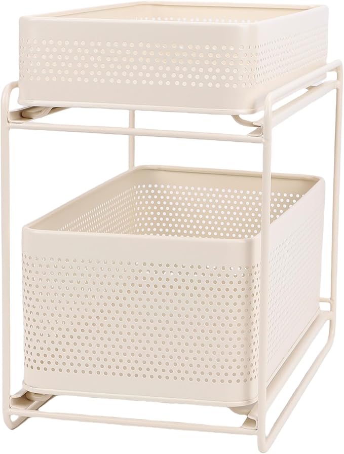 Slide Out Under Sink Organizer, 2 Tier Steel Sink Shelf Cabinet Storage Seasoning Organizer Rack with Guardrails for Kitchen Bathroom Laundry Room Office School