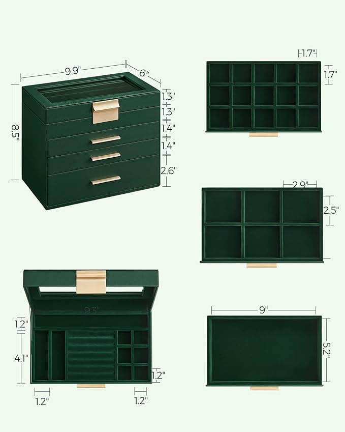 SONGMICS Jewelry Box Organizer with Glass Lid, 4-Layer Jewelry Storage, with 3 Drawers, Modern Style, Christmas Gift, 6 x 9.9 x 8.5 Inches, Forest Green and Gold Color UJBC161G01