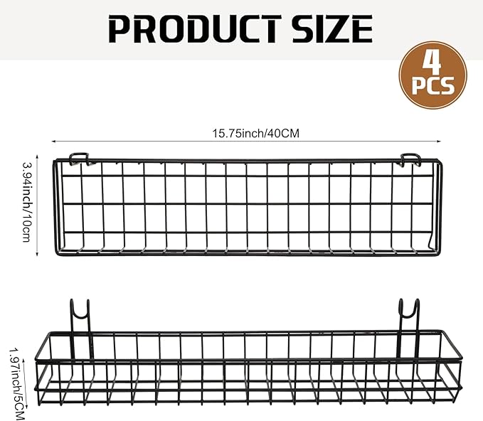 Blulu 4 Pcs 15.75 x 3.94 x 1.97 Inch Metal Grid Wall Baskets with Hooks Grid Wall Shelves Hanging Wire Basket Multi Function Storage Organizer for Kitchen Organizing Display (Black)