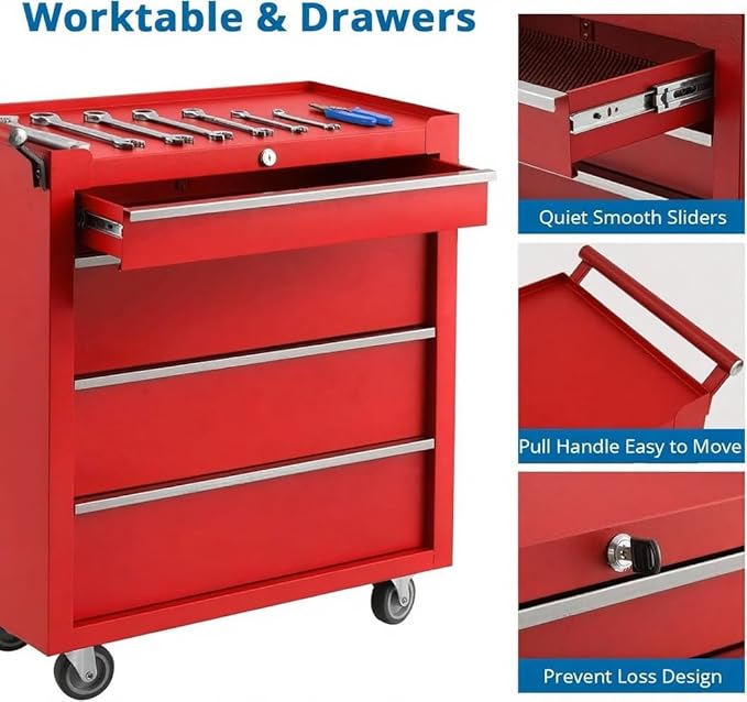 IDEALHOUSE Rolling Tool Chest, 4 Drawers Tool Storage Cabinet, Toolbox with Wheels, Portable Tool Cabinet Organizer with Locking System & Drawer Liners, Tool Storage Cart for Garage, Workshop, Red