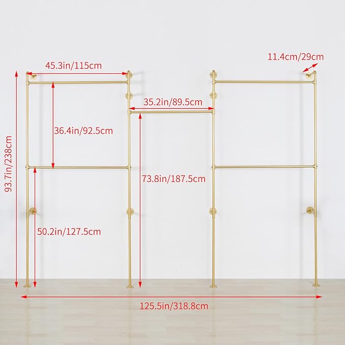 Industrial Pipe Clothing Rack Wall Mounted 5 Hanging Rods Garment Bar, Heavy Duty Closet Storage Rod Vintage Commercial Clothes Racks for Hallway Retail Boutique (Gold)