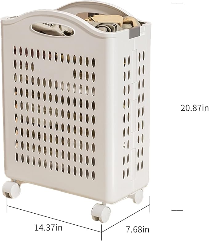 Rolling Laundry Hamper with Wheels - 14W×7.5D×21H Ventilated Plastic Laundry Basket, White Storage Bin with Handles for Small Spaces, Bedroom & Bathroom