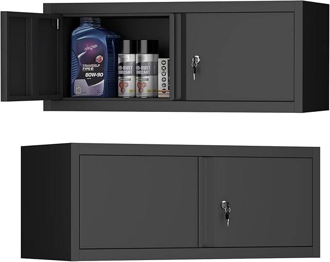 Garage Locking Cabinet, 13” H Garage Storage Cabinet Wall Mounted, Floating Storage Organization for RV, Hanging Tool Storage Cabinets for School, Office, Warehouse, Black