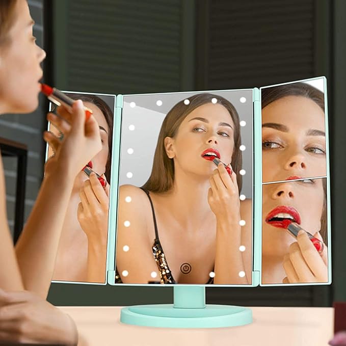 Tri-fold Lighted Vanity Makeup Mirror with 3x/2x Magnification,21 LEDs Light and Touch Screen,180 Degree Free Rotation Countertop Cosmetic Mirror,Travel (Green)