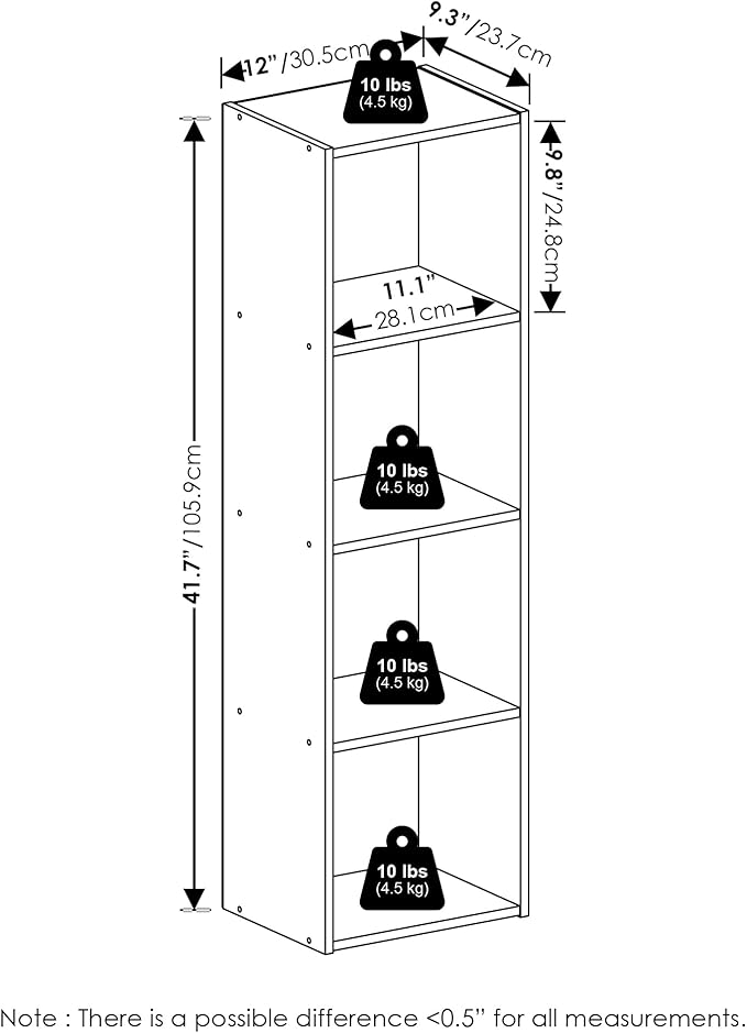 Furinno PASIR Book Shelf, 4-Tier Modern Bookshelf, Open Shelves Bookcase 9 x 12 x 42, for Living Room, Bedroom, Home Office, Light Blue/White
