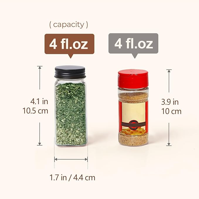 ComSaf Glass Spice Jars with Label, 24Pcs 4oz, 93 Labels, a Metal Funnel, Extra Shaker Lids, Empty Spice Containers and Square Spice Bottles for Kitchen and Seasoning