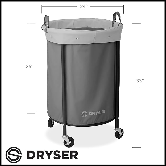 Dryser Laundry Basket with Wheels, 65 Gal. Commercial Round Rolling Laundry Hamper with Steel Cart, 4 Casters and 2 Brakes, Removable Liner - Gray