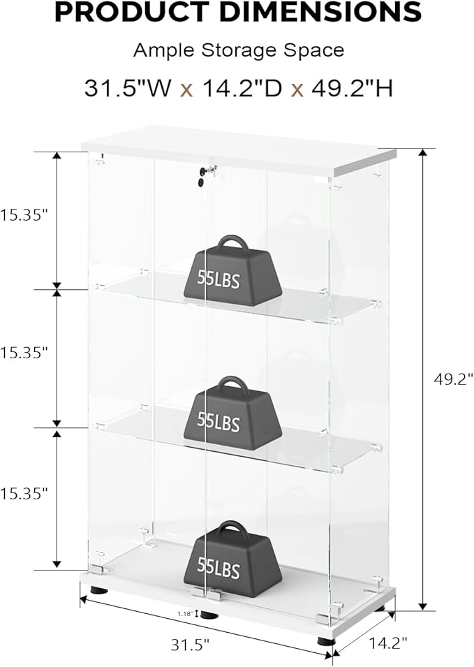 VINGLI Glass Display Cabinet with 3 Shelves, Double Doors and Lock, Floor Standing Curio Cabinets with LED Light, Upgraded Tempered Glass Bookshelf, for Living Room Living Room Bedroom Office, White