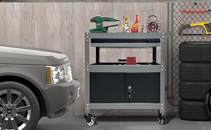 3 Tier Steel Rolling Cart for Tool Organizer, Industrial Grade Utility Service Carts with Drawer & Storage Lockable Cabinet, for Workshop Repair Shop Garage