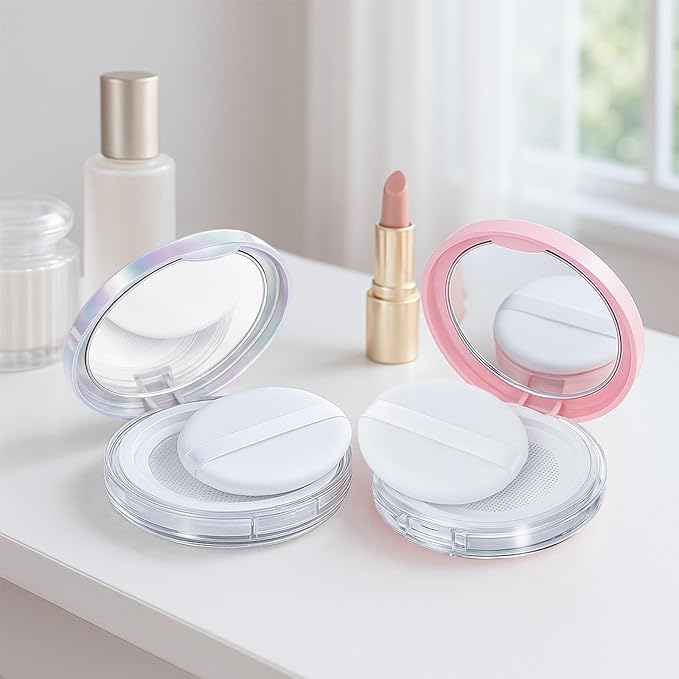 Tokusatsu 2-Pack Refillable Loose Powder Container with Puff & Mirror - 0.17 oz Travel Portable Empty Makeup Compact with Mesh for Women Girls, (Pink, Iridescent Silver)