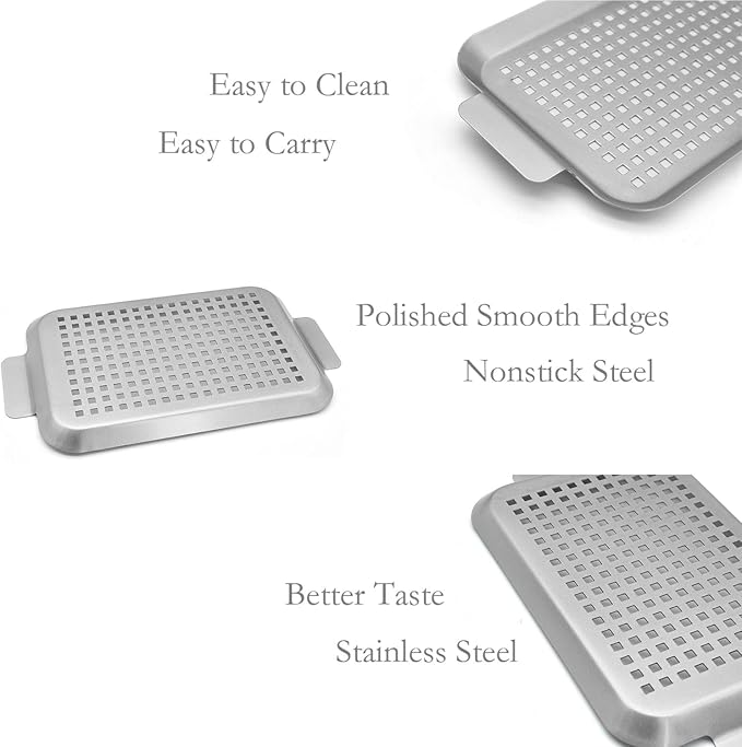 Grill Topper Non-Stick Stainless Steel BBQ Tray with Holes Outdoor Grilling Pans for Meat Vegetables Set of 2 (16.5" x10" and 13"x7.4")