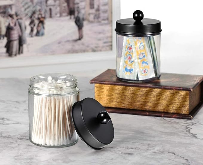 Amolliar 6Pc Apothecary Jars Bathroom Vanity Organizer- Rustic Farmhouse Decor Storage Canister with Stainless Steel Lids- Qtip Dispenser Holder for Q-Tips,Cotton Swabs,Rounds,Ball,Flossers (Black)