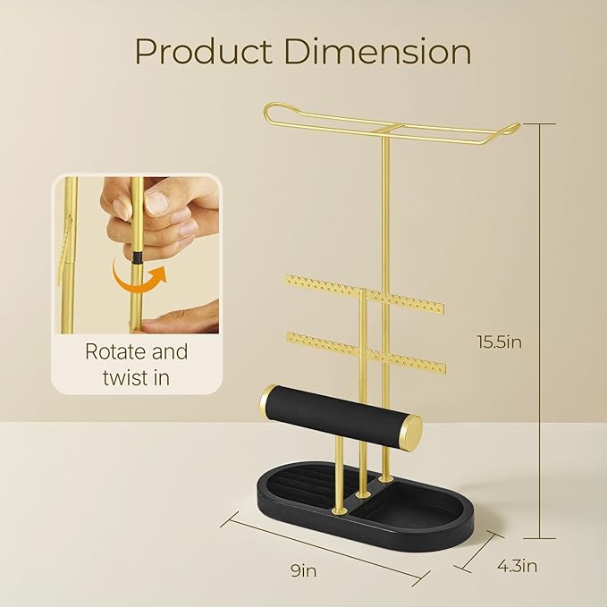 3 Tiers Jewelry Organizer, Earring Holder Organizer with 80 Holes, T-Bar Beige Velvet Bracelet Holder for HeadBands, Earrings, Bracelets, Rings Jewelry Holder Organizer (Black Gold)
