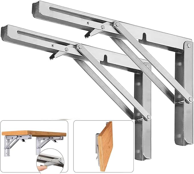 Folding Shelf Brackets, Max Load 300 lb, Heavy Duty Stainless Steel Collapsible Wall Mounted Shelf Brackets for Table, Space Saving DIY Bracket, Pack of 2 (2, Foldable 12")