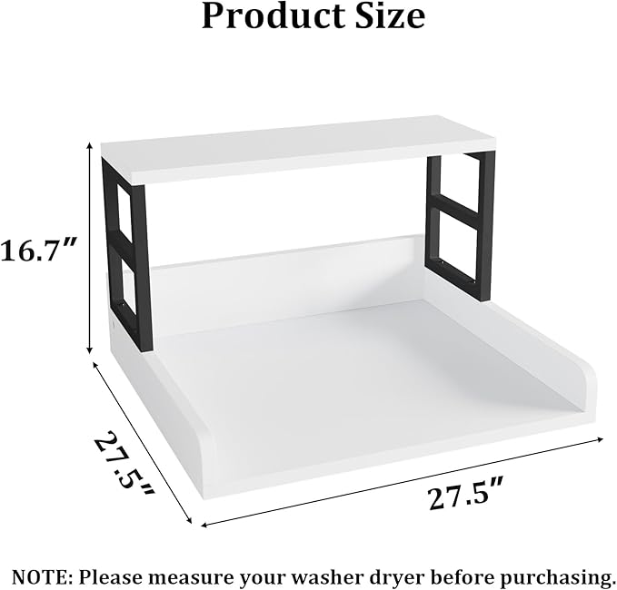 Washer Dryer Countertop with Shelf, 27.5″D x 27.5″W x 16.7″H, Countertop for Washer and Dryer Top with Non-Slip Pads and Edge Rails, Laundry Room Storage and Organization(White)