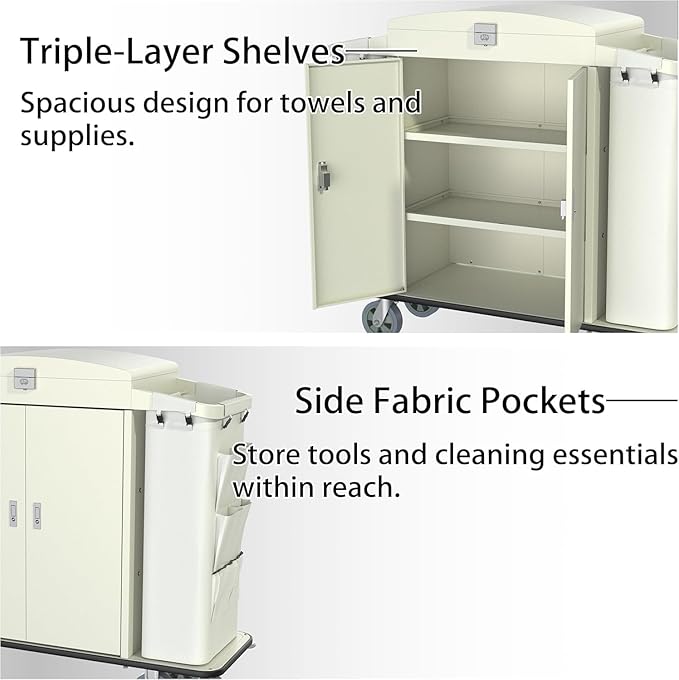 Heavy Duty Metal Housekeeping Janitorial Cart,Silent Casters,Locking Large Capacity Cabinets,Cleaning cart for Housekeeping/Commercial Facility/Hotel/Stadium/School(White)