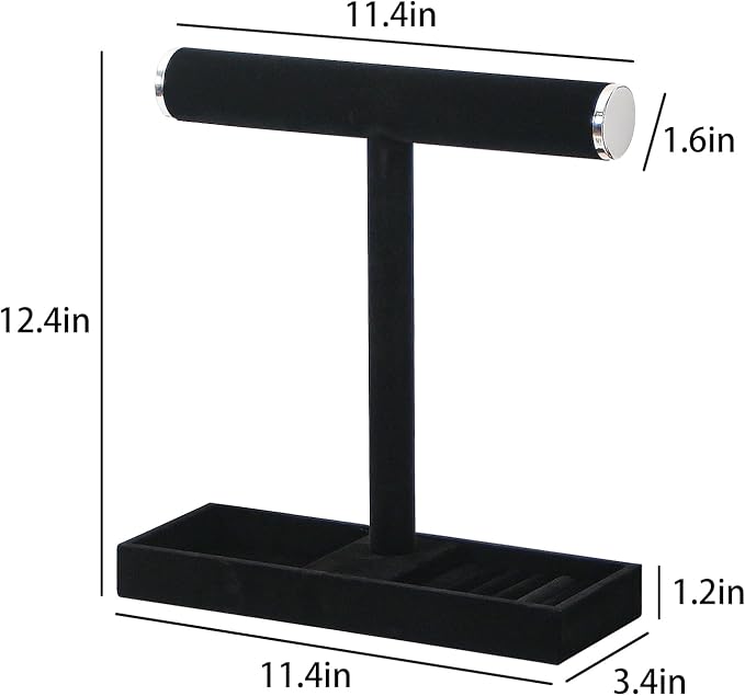 Necklace Display Holder, Bracelet Organizer Stand with Earrings Tray and Metal Lid, Jewelry Scrunchie Watches Tray Rack for Women Home Desk (Black)
