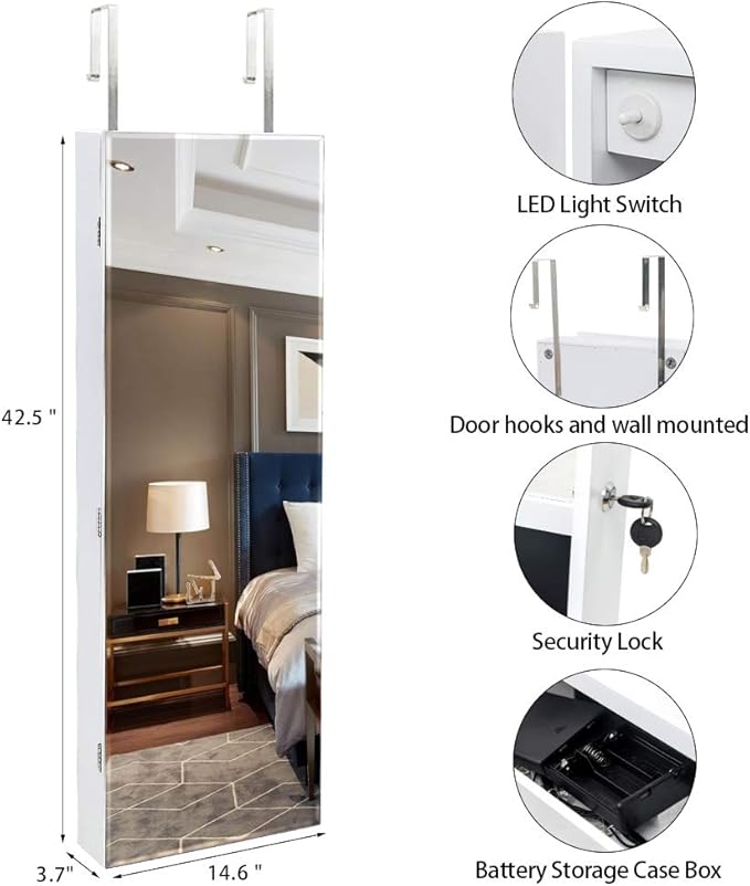 8 LEDs Mirror Jewelry Armoire, Wall Mounted Jewelry Cabinet with Mult Back Shelves & Interior Mirror & Lockable & Drawers, Jewelry Organizer with Storage for Women Gift, White