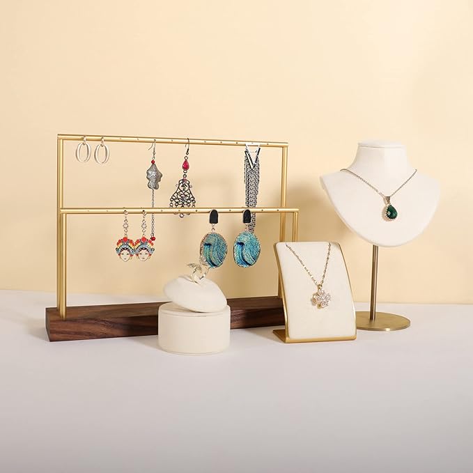 GemeShou wooden earring holder organizer for girls, walnut stud earring display stand for boutique store, jewelry storage organizer shelf【Walnut stand-Two Tiers】