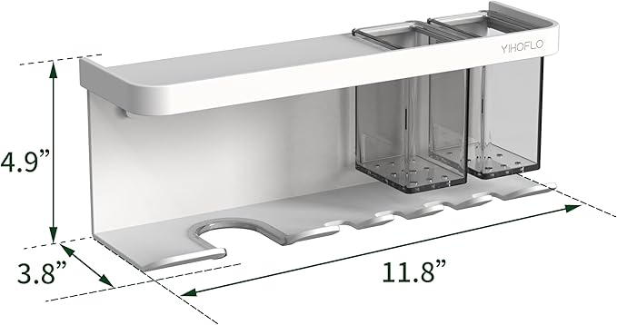 Hair Dryer Holder Wall Mounted Adhesive/Drilling, Hair Dryer Storage Organizer with Shelf & Hooks for Bathroom, Blow Dryer Holder, Hair Tool Organizer (White)