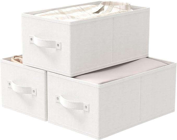 Foldable Closet Organizer, 3 Pack Cube Storage Bin, Clothes Basket for Shelves with 2 Handles, Saving Space, White & Ivory, 18.5 x 11 x 7.9 In, XSNY11WL-3