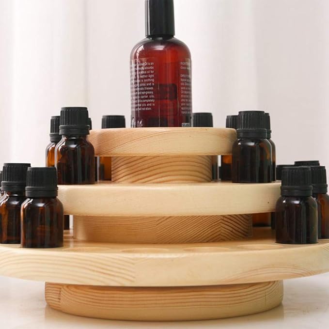 Hapivida Wooden Essential Oil Display Stand, 3-Tier 39 Slots Essential Oil Storage Box Round Rotating Case Holder Organizer Tray Essential Oil Bottle Holder Diffuser Holder Turntable