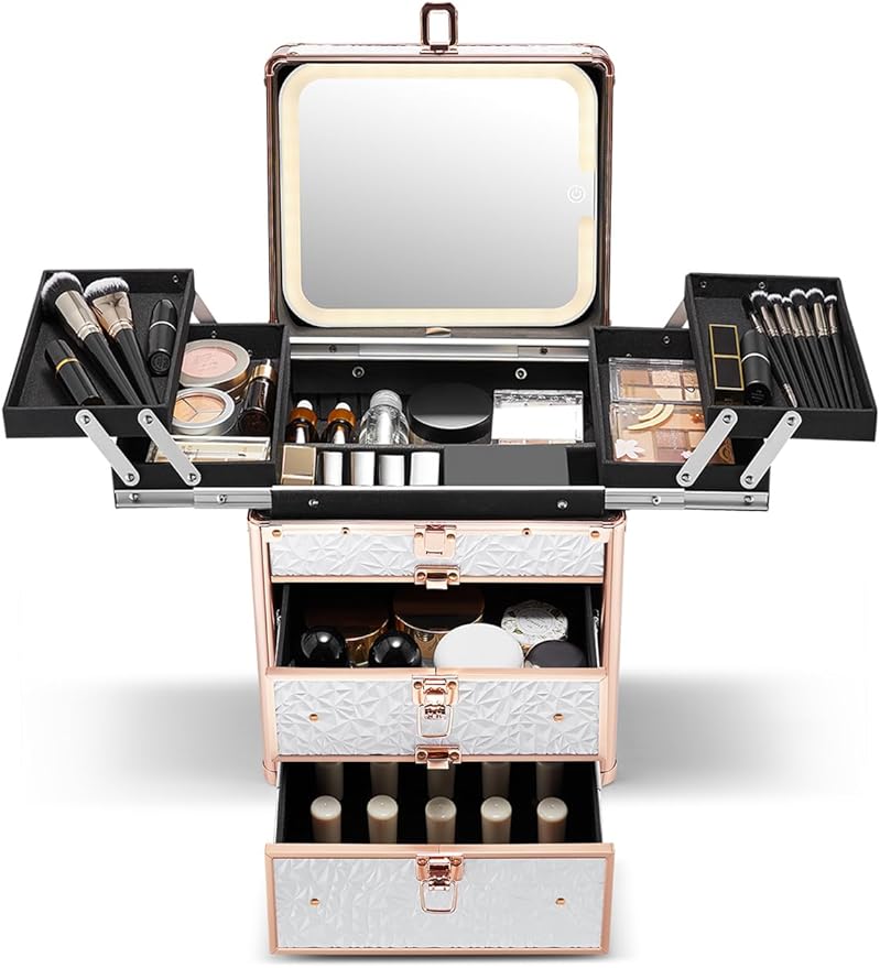 Qislee Makeup Box with Double Drawers and Four Trays, A Detachable Lighted Mirror, Waterproof Travel Train Case, Cosmetic Organizer and Makeup Suitcase with Magnetic LED Mirror(Bright White)