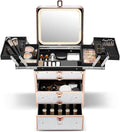 Qislee Makeup Box with Double Drawers and Four Trays, A Detachable Lighted Mirror, Waterproof Travel Train Case, Cosmetic Organizer and Makeup Suitcase with Magnetic LED Mirror(Bright White)