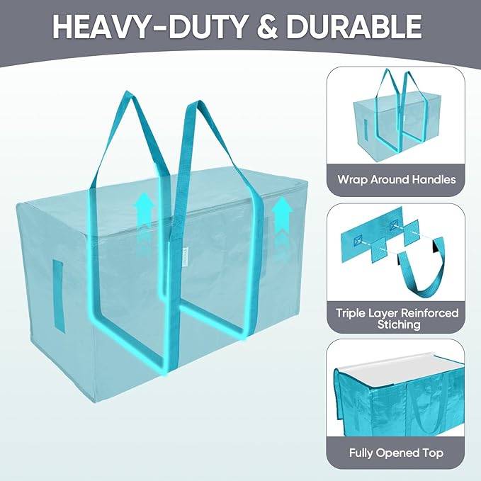 TICONN 4 Pack Extra Large Moving Bags with Zippers & Carrying Handles, Heavy-Duty Storage Tote Moving Boxes for Space Saving (4 Pack, Aqua)