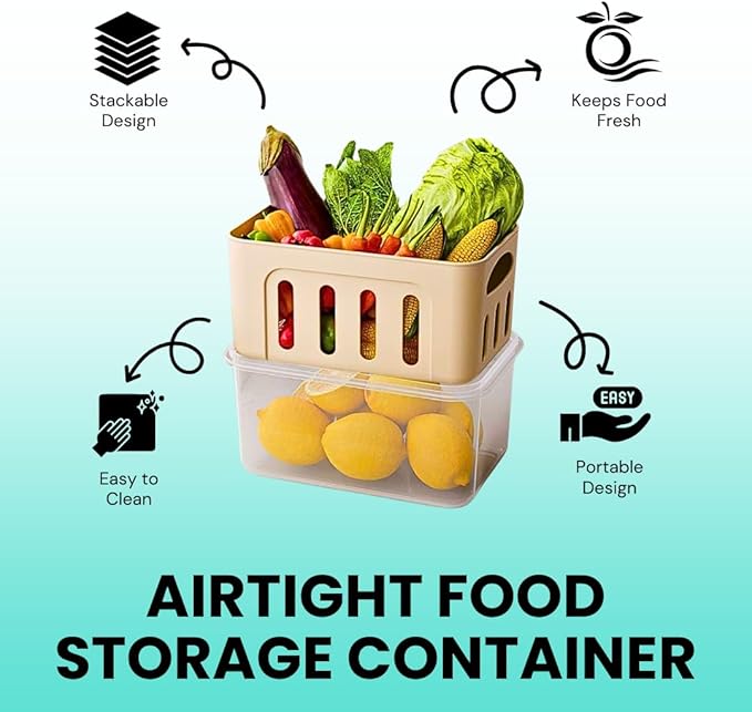 5-Pack Fruit Containers for Fridge Keep Fresh – Airtight Food Containers with Lids, Produce Saver with Removable Colander, Fridge Organizers, Microwave & Dishwasher Safe (Cream)