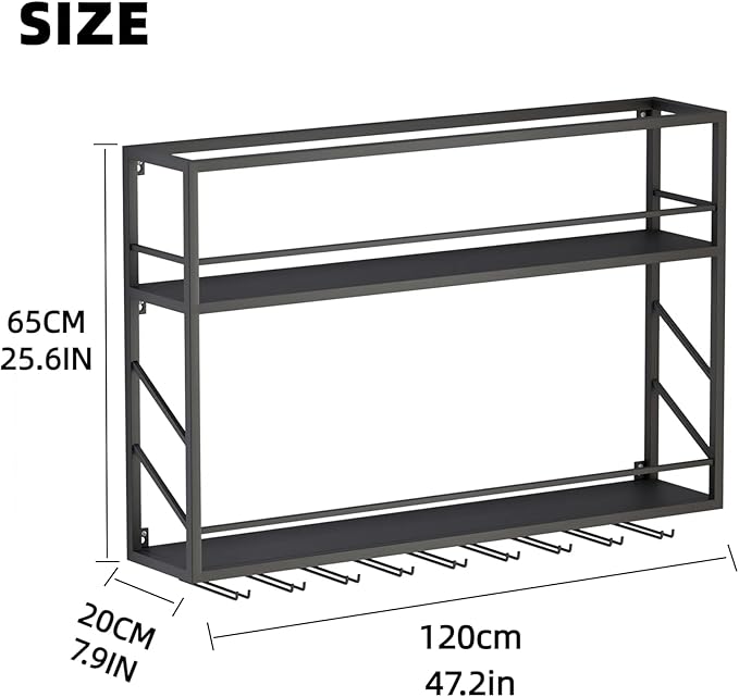 Wall Mounted Wine Rack with Glass Holder，Stylish Mini Floating Bar Shelves for Liquor Bottle Display in Dining Room, Kitchen, Living Room (47.2”W x 26”H x 7.8”D)