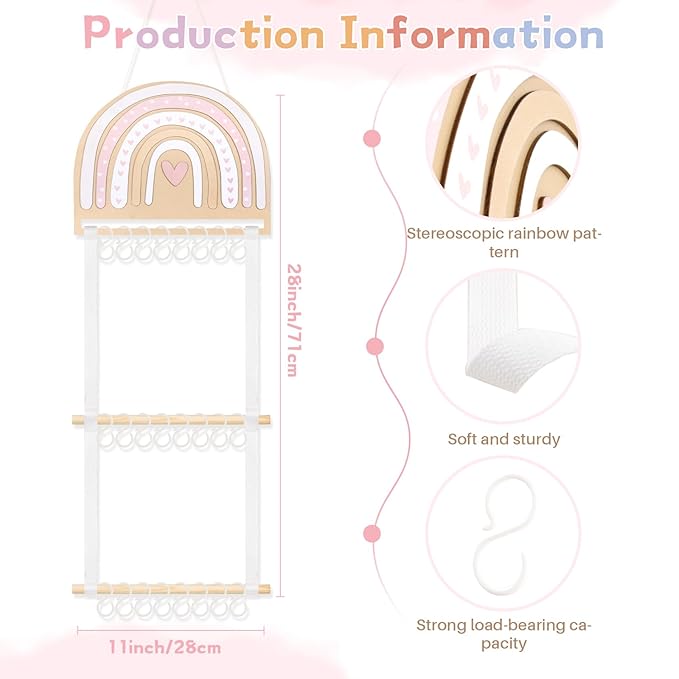 POVETIRE Headband Holder Bow Holder for Girls Hair Bows, Rainbow Hair Accessories Organizer Storage Wall Hanging Display for Baby Girl Nursery